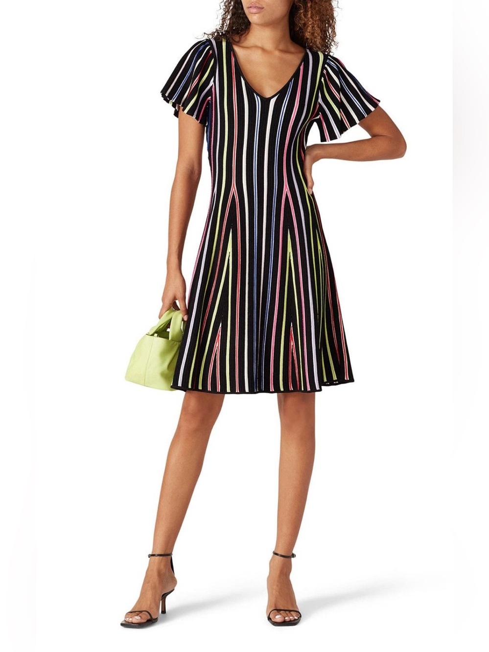 Milly~Black Multi-Stripe Rainbow V-Neck A-Line Knit Mini Dress~Size Medium~$395~